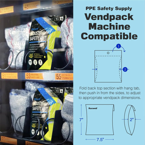 High Visibility Safety Vest Type R Class 2 Ansi Certified Lime Mesh With Secure Zipper And Inside Pocket Bulk Case Of 10 displayed in a vending machine.