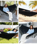 Ultra Sturdy Double Hammock With 550 Pound Capacity, 320GSM Canvas, Black, used in various outdoor settings