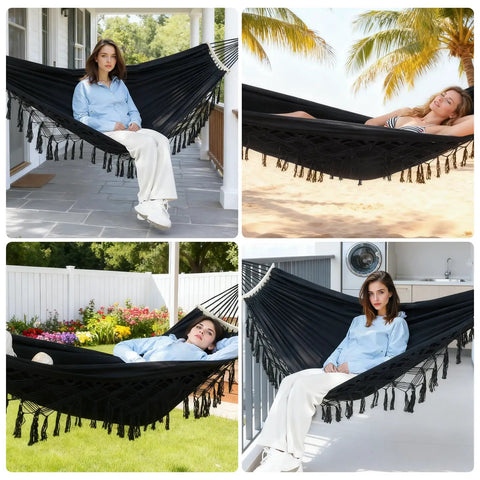 Ultra Sturdy Double Hammock With 550 Pound Capacity, 320GSM Canvas, Black, used in various outdoor settings