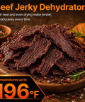 Flex Your Home Chef Skills With This Sick Twelve Tray Food Dehydrator That Lets You Bulk Up On Homemade Beef Jerky Dried Fruits Fresh Herbs And Crunchy Dog Chews Without The Hassle, featuring tender beef jerky on a wooden platter.