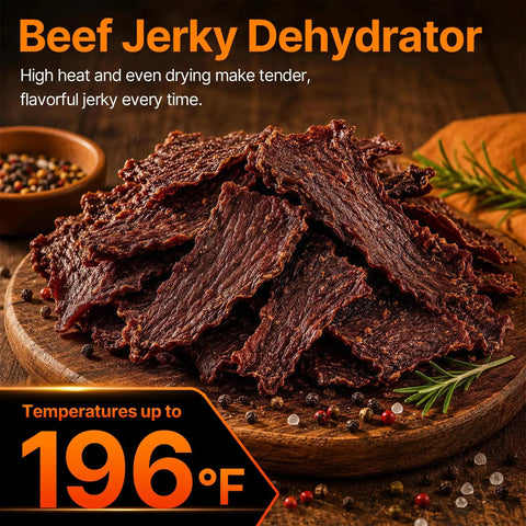 Flex Your Home Chef Skills With This Sick Twelve Tray Food Dehydrator That Lets You Bulk Up On Homemade Beef Jerky Dried Fruits Fresh Herbs And Crunchy Dog Chews Without The Hassle, featuring tender beef jerky on a wooden platter.