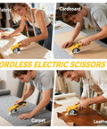 Heavy Duty Electric Box Cutter With 3000Mah Rechargeable Battery And Four Sharp Blades cutting fabric, cardboard, carpet, and leather.