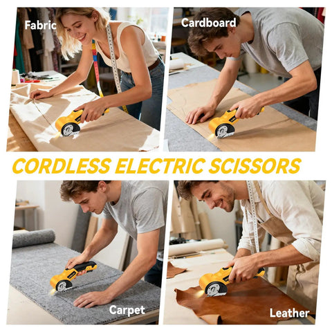 Heavy Duty Electric Box Cutter With 3000Mah Rechargeable Battery And Four Sharp Blades cutting fabric, cardboard, carpet, and leather.