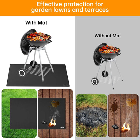 Comparison of grill on lawn with Large 68 By 48 Inch Fire Pit Mat For Outdoor Grills And Solo Stove Bonfire, showing protected and damaged surfaces.