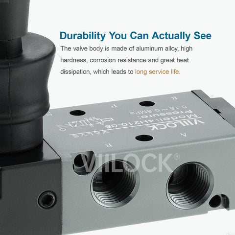 Close-up of 5 Way 2 Position Pneumatic Solenoid Valve With 1 Quarter Inch NPT Inlet And 1 Quarter Inch Outlet Easy Grip Hand Lever