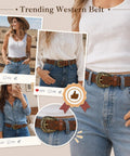 Premium Faux Leather Western Belt For Women Featuring Antique Cowboy Buckle paired with denim in outdoor setting.