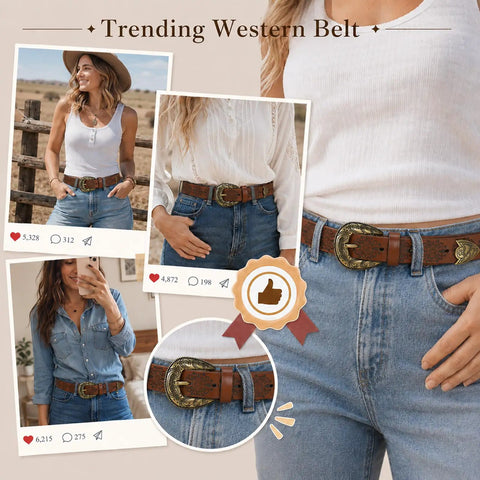 Premium Faux Leather Western Belt For Women Featuring Antique Cowboy Buckle paired with denim in outdoor setting.