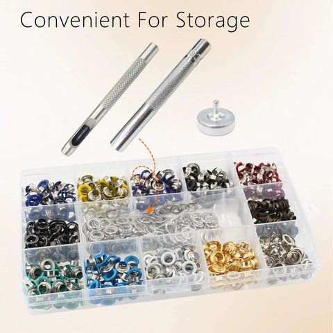 Three Sixteenths Inch Metal Eyelets Grommets Kit With Boxed Installation Tools 600 Pieces In 12 Colors for DIY projects displayed in box