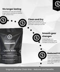 Image of Enigma Ultimate Chain Wax package with features like 10x longer lasting, clean and dry, smooth gear changes, reduced friction.