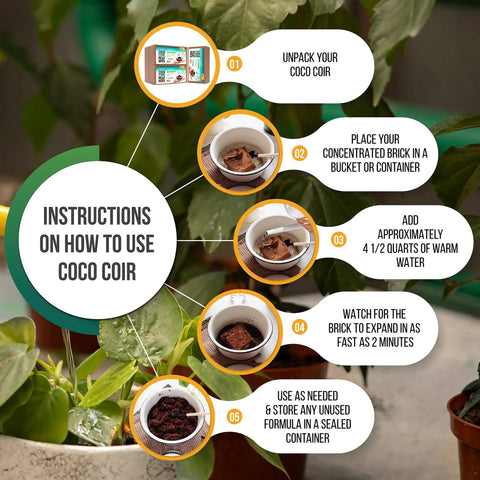 Instructions on how to use High Expansion Coco Coir Bricks 5 Pack 650g Each Peat Free Coconut Coir Low EC And pH Balanced Washed And Buffered.
