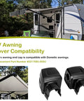 Right Arm Power RV Awning Cover And Motor End Cap Replacement Kit, Black, Model 3317085.000U shown with RV and components.