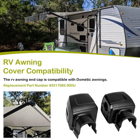 Right Arm Power RV Awning Cover And Motor End Cap Replacement Kit, Black, Model 3317085.000U shown with RV and components.