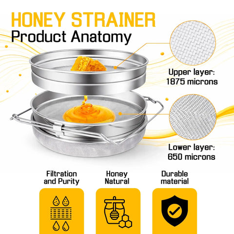 Beekeeping Honey Strainer Filter Set Two Piece With Double Sieve Stainless Steel showing upper and lower mesh layer diagram.
