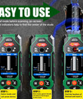 All In One Wall Scanner With Laser Measure And Level 10 In 1 Detects Studs Pipes Wires Metals Behind Walls Fast Edge And Center Marking Made Easy Plus Accurate Angle Meter For DIYers, three-step display