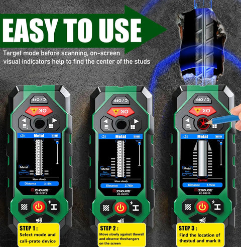 All In One Wall Scanner With Laser Measure And Level 10 In 1 Detects Studs Pipes Wires Metals Behind Walls Fast Edge And Center Marking Made Easy Plus Accurate Angle Meter For DIYers, three-step display