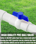 Top Shelf One Quarter Turn PVC Ball Valve With Blue T Handle SCH 40 No Sweat Shut Off Fitting Built Like A Tank Water Control For DIY Plumbing And Home Projects on white PVC piping.