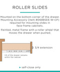 Diagram of roller slides with mounting instructions, focusing on 3/4 extension, painted metal frame with roller wheel.