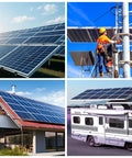 Collage of solar panel installations on a roof, RV, and utility pole for Solar Panel Connector Kit With 60 Pieces Male And Female Connectors.