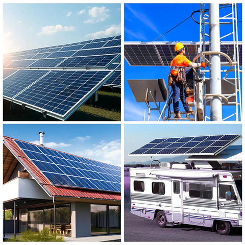 Collage of solar panel installations on a roof, RV, and utility pole for Solar Panel Connector Kit With 60 Pieces Male And Female Connectors.