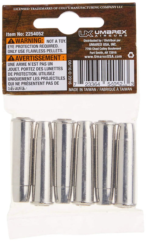 Six Spare Pellet Shells for .177 Cal Air Pistol Revolver in packaging, silver finish, easy load casings, six pack.