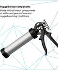 Flexible 310 mL Foil Package Applicator with Rugged Metal Components, rod driven, shown against a geometric background.
