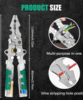 All In One 18 In 1 Foldable Wire Stripper With Voltage Detector, shown with size and multifunction features