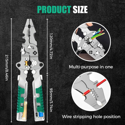 All In One 18 In 1 Foldable Wire Stripper With Voltage Detector, shown with size and multifunction features