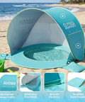 Baby Beach Tent Pop Up Shade Pool With UPF 50 UV Protection Sun Shelter For Infants on a sandy beach with green bucket.