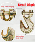 Close-up of 4 Pack Clevis Grab Hooks Heavy Duty Grade 70 Chain Forged Alloy Steel With Yellow Chromate Finish for Trailer and Truck Transport.