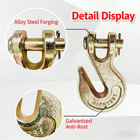 Close-up of 4 Pack Clevis Grab Hooks Heavy Duty Grade 70 Chain Forged Alloy Steel With Yellow Chromate Finish for Trailer and Truck Transport.