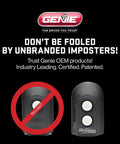 Universal 2 Button Garage Door Opener Remote ACSCTG UNIV2 with Genie branding and anti-counterfeit warning message.