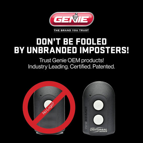 Universal 2 Button Garage Door Opener Remote ACSCTG UNIV2 with Genie branding and anti-counterfeit warning message.