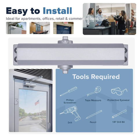 Heavy Duty Commercial Door Closer FS 6300 Auto Hydraulic Spring Hinge Grade 1 UL ADA ANSI A1564 installation guide with tools.
