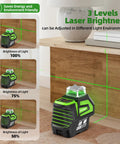 Self Leveling Green Cross Line Laser Level with 360 Degree Horizontal Beam and 140 Degree Vertical Plumb Dots showing brightness levels