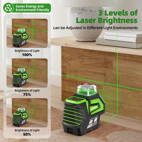Self Leveling Green Cross Line Laser Level with 360 Degree Horizontal Beam and 140 Degree Vertical Plumb Dots showing brightness levels