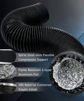 Flexible Aluminum Duct With Four Layer Protection And Two Clamps For Dryer Venting Built Tough Heavy Duty HVAC Exhaust Duct Ideal For Grow Tent Duct Fans And Air Circulation Systems 3 Inch By 8 Feet with spiral support, aluminum foil, and ABS material connector shown.