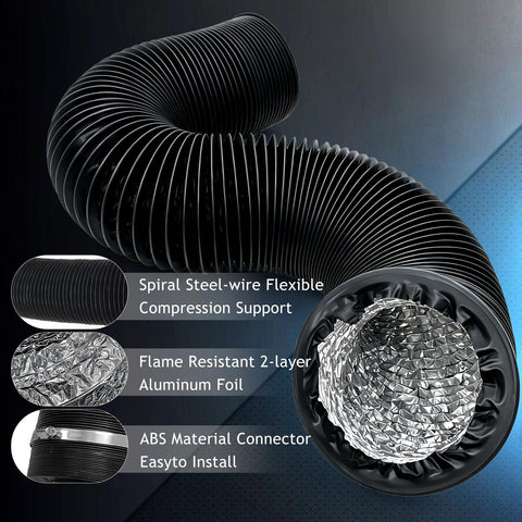 Flexible Aluminum Duct With Four Layer Protection And Two Clamps For Dryer Venting Built Tough Heavy Duty HVAC Exhaust Duct Ideal For Grow Tent Duct Fans And Air Circulation Systems 3 Inch By 8 Feet with spiral support, aluminum foil, and ABS material connector shown.