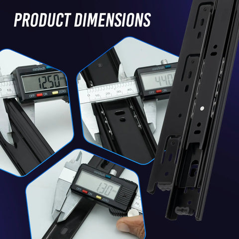 Hella Smooth 12 Inch Side Mount Drawer Slides Built With Full Extension Ball Bearings showing dimensions 125mm, 130mm, and 44mm measured with calipers.