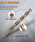 Close-up of a cobalt drill bit featuring 135° split point and straight round shank, part of Cobalt Drill Bit Set 29 Piece Pro Grade M35 High Speed Steel One Sixteenth To One Half Inch Jobber Length For Hardened Metal Stainless Steel Cast Iron Wood And Plastics In Durable Metal Index Box.