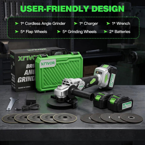 Heavy Duty Cordless Angle Grinder With Brushless Motor And 125mm Discs Featuring Three Speed Settings For Straight Up Beast Level Metal And Stone Work Powering Through Projects With Zero Cord Hassles, showing accessories and batteries.