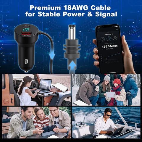Road Ready Three In One Starlink Mini Car Charger Featuring Slick 36W PD And Quick Charge 18W Adapter in use with mobile devices.