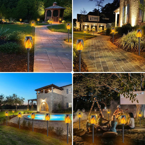 12-Pack Solar Christmas Lights Outdoor With Flickering Flame Tiki Torches Waterproof Garden Lights illuminating pathways and patio