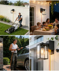 Collage of Outdoor Motion Sensor Porch Light with dual GFCI outlets, dusk-to-dawn, in garden and patio settings