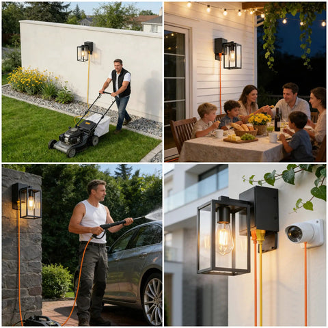 Collage of Outdoor Motion Sensor Porch Light with dual GFCI outlets, dusk-to-dawn, in garden and patio settings