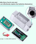 Two-Inch NPT Water Flow Meter Aluminum For Farm Irrigation And Industrial Use Real-Time LCD Readout Of Flow Rate And Total Durable Dry Environment Sensor Easy Install Heavy Duty Water Monitoring Tool, battery compartment view
