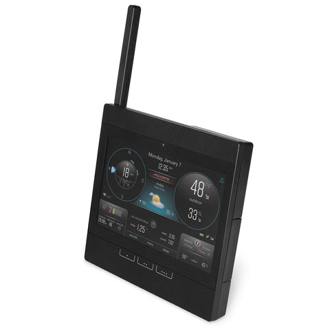 Atlas Pro Weather Station With Direct To Wi Fi HD Display Lightning Detection Built In Barometer And Real Time Indoor Outdoor Temperature Humidity Wind Speed And Direction Rainfall UV And Light Sensor Alerts, showing side view of HD display unit with antenna and digital weather data