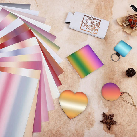 Gradient Sublimation Transfer Paper Set Pro Grade 15 Sheets 12x10 Inch Ombre Pattern for Tumblers and T Shirts on display