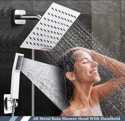 Built To Last High Pressure All Metal Rain Shower Head With Handheld Combo, showing 8 inch rain head in use