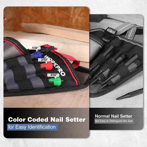 Three-Piece Nail Punch Set with color coded nail setters and shock absorbing grip shown in a case with size labels 1/32 1/16 3/32
