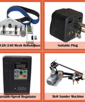 Heavy Gauge 2HP Variable Speed Bench Belt Sander With 2X72 Inch Platform And Three Rugged Grind Wheels For Badass Knife Crafting And Smooth Metal Shaping Tasks Powered By Solid 220V Supply. Includes variable-speed regulator, suitable plug, and various mesh belts.